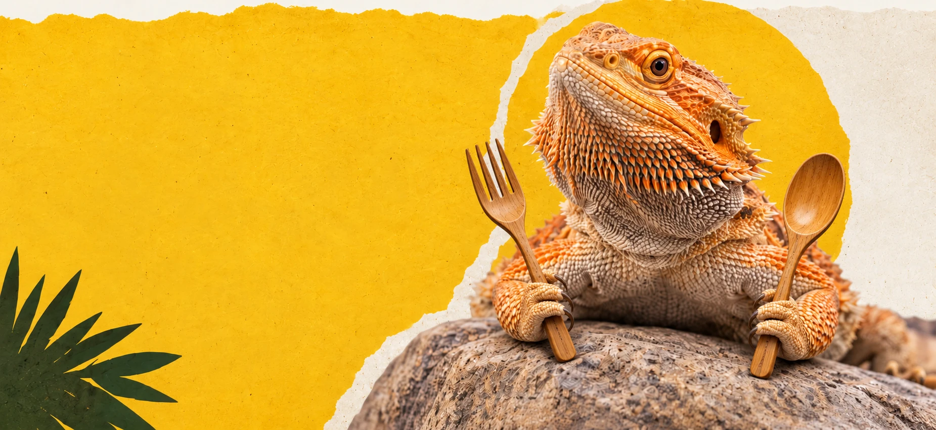 Pogona naranja sobre una roca, sujetando un tenedor y una cuchara de madera, con un fondo de papel amarillo y hojas verdes.
